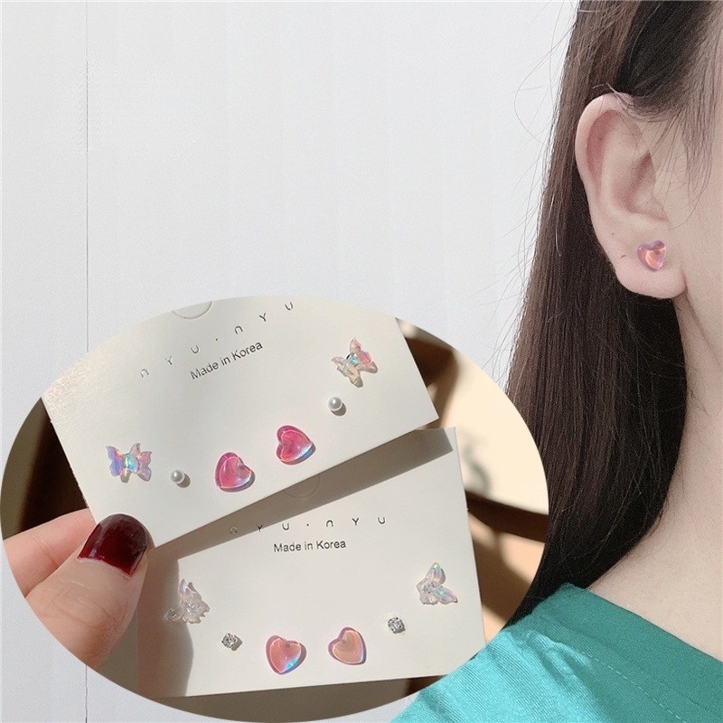 S925 Bộ 6 Khuyên Tai Hình Trái Tim / Bướm / Ngọc Trai Bằng Nhựa Resin Thời Trang Cho Nữ