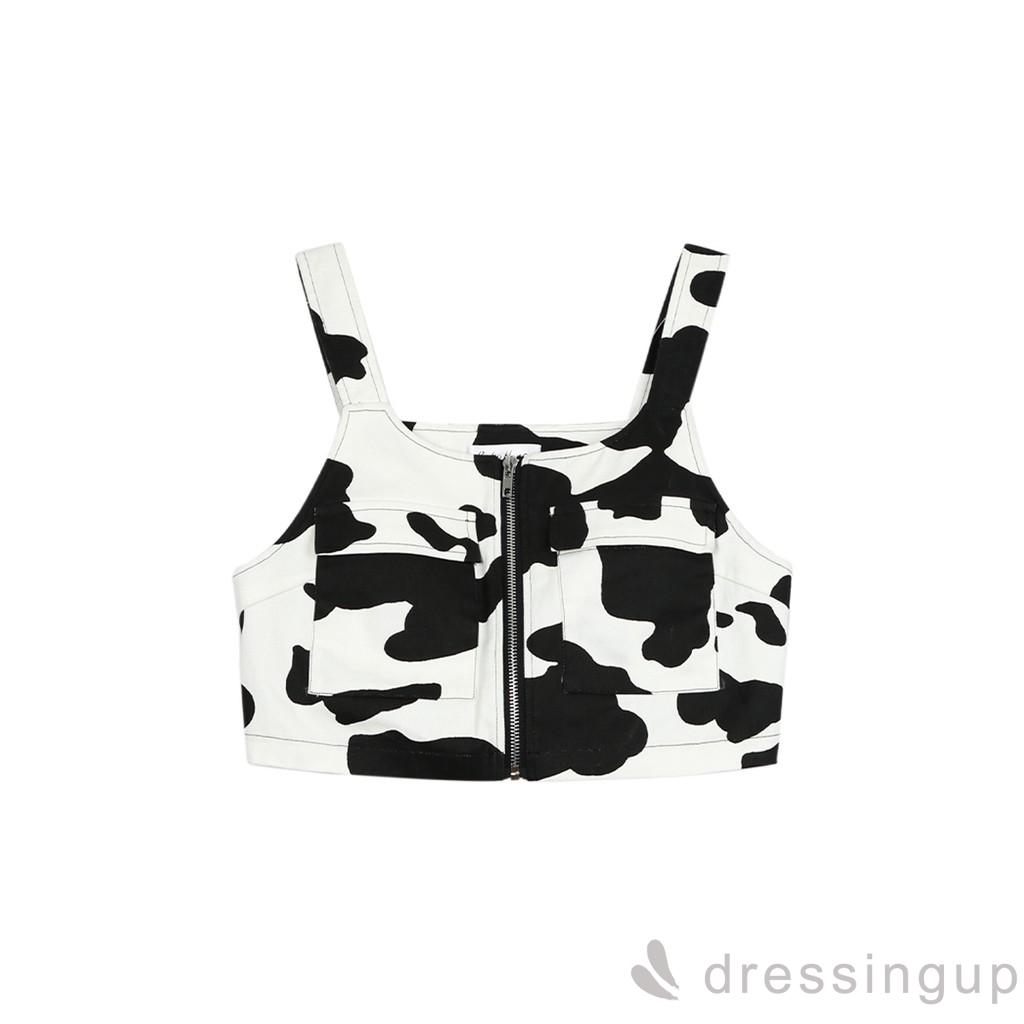 Áo Croptop Sát Nách Dáng Rộng In Họa Tiết Bò Sữa Phối Khóa Kéo Cá Tính Cho Nữ | BigBuy360 - bigbuy360.vn