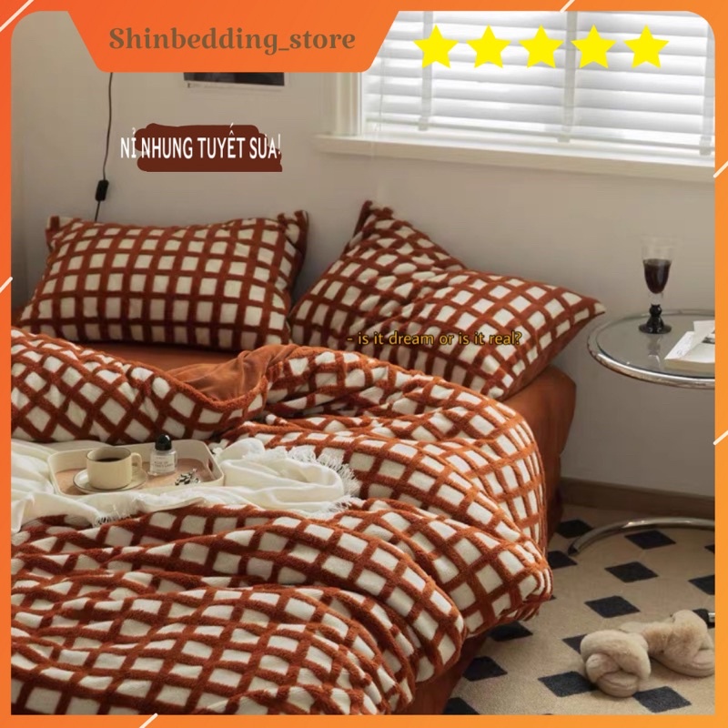 Set Bộ Vỏ Chăn Ga Gối Nỉ Nhung Sữa Kẻ Ô Cao Cấp, Chất Nhung Mềm, Ấm Áp_shinbedding