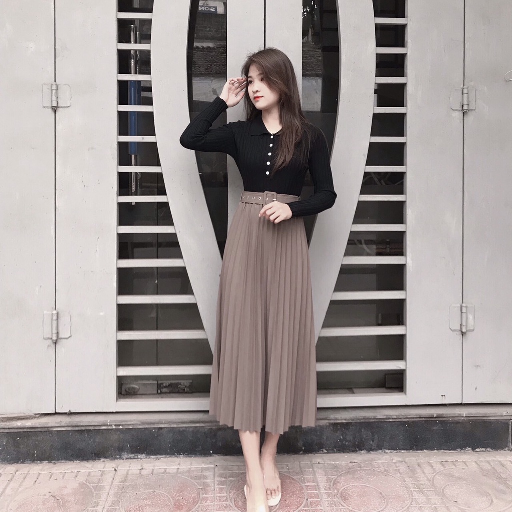Chân Váy Dài Xếp Ly Kèm Đai Cao Cấp