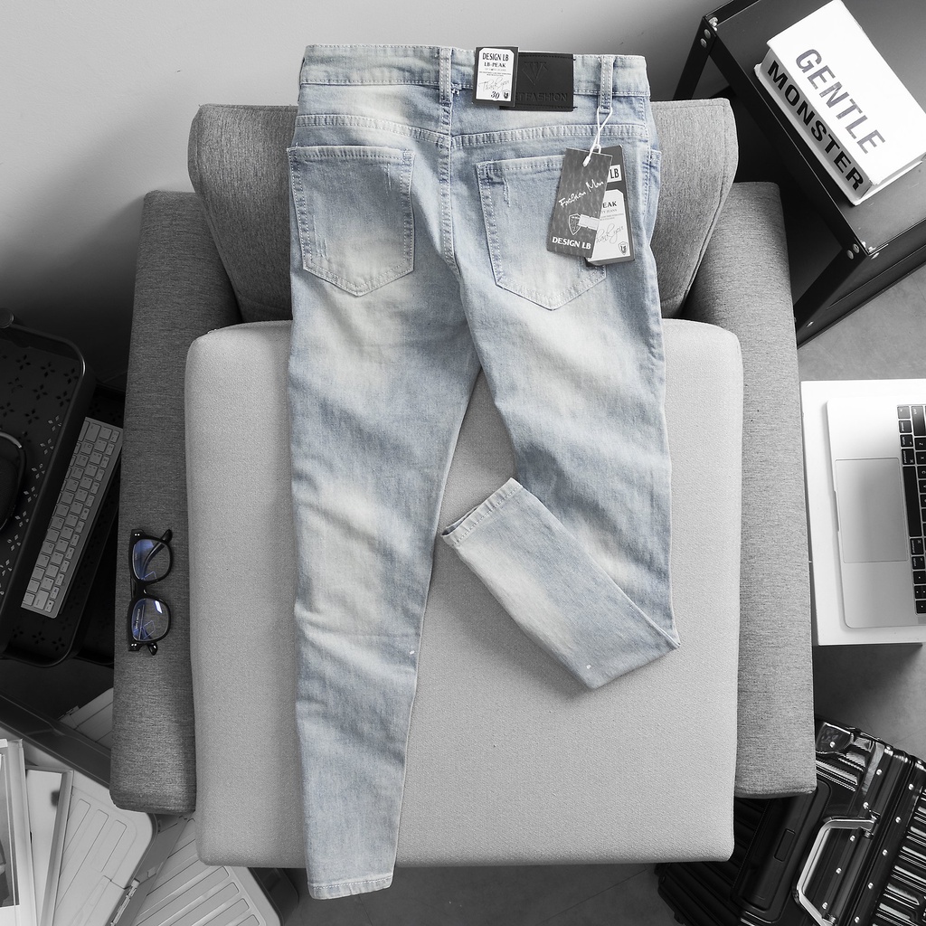 Quần Jean Nam xanh rách kết hợp vẩy sơn cá tính thời trang trẻ trung, Quần Bò Nam cao cấp chất jeans co giãn phong cách
