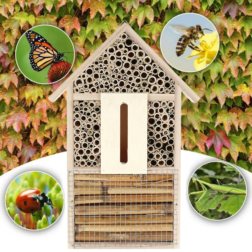 MELODG Natural Butterfly House Nest Bee Insect Hotel Garden Wooden Bug Hang Box Shelter