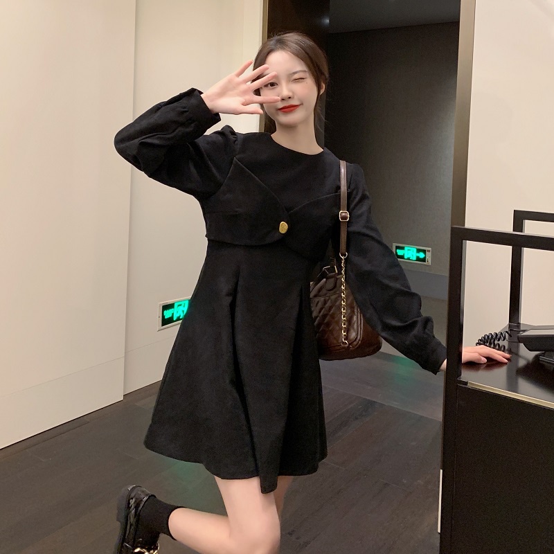 【ZHELIHANGFEI】Đầm Tay Phồng Giả Hai Lớp Nhấn Eo Phong Cách Retro