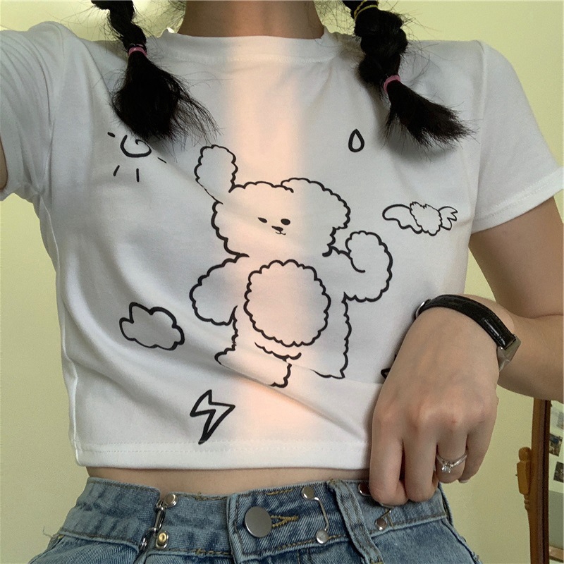 Áo Thun Tay Ngắn Cổ Tròn In Họa Tiết Gấu Xinh Xắn Dễ Thương Cho Nữ