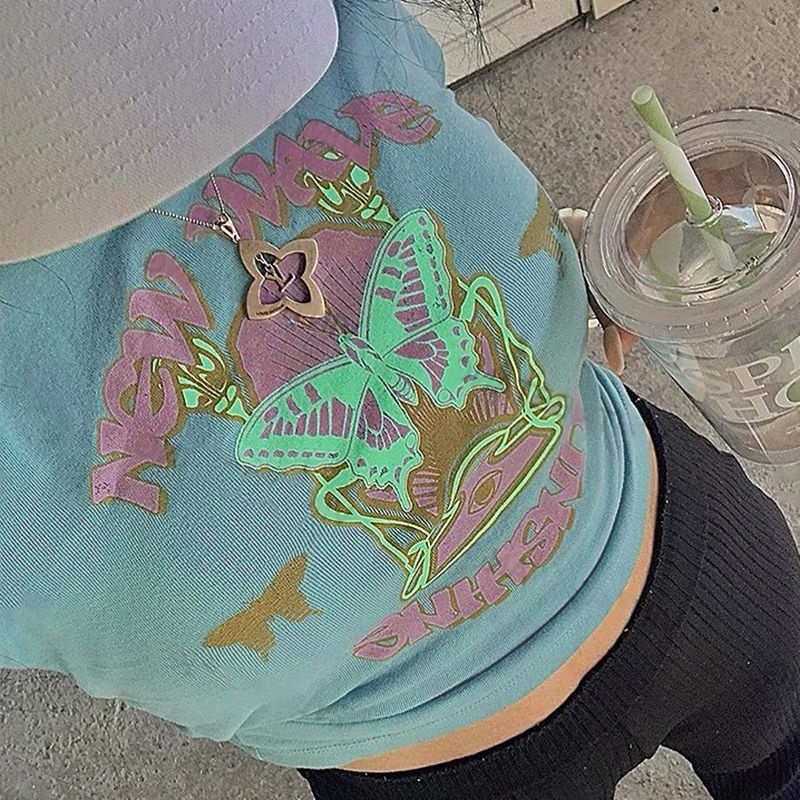 Áo Thun Tay Ngắn Dáng Ôm In Họa Tiết Bướm Màu Xanh Lá Phong Cách Mỹ Thời Trang Mùa Hè Mới Cho Nữ