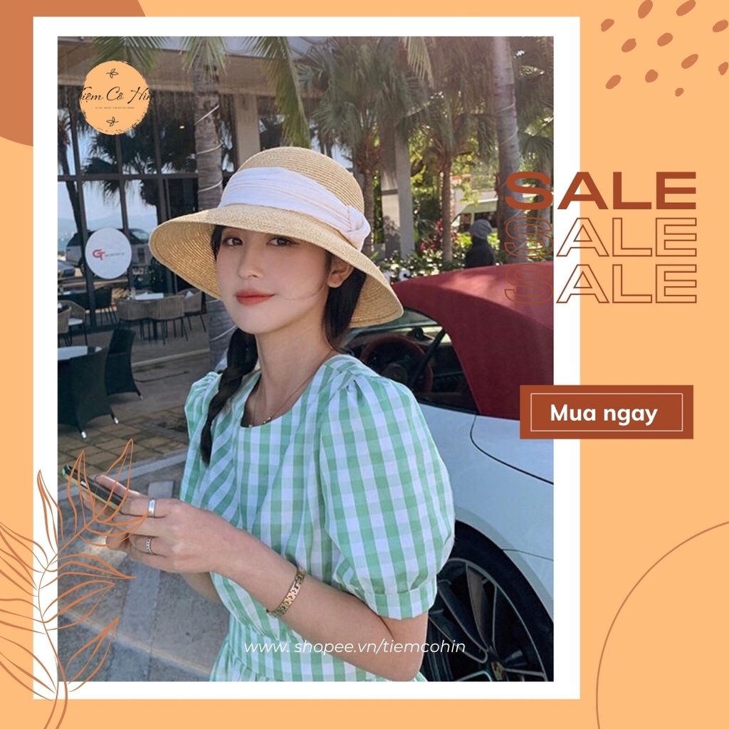 Mũ cói bucket cói Tiệm Cô Hìn có thể gập nhỏ tiện lợi dễ mix đồ siêu xinh ship 1h không lo hư hỏng