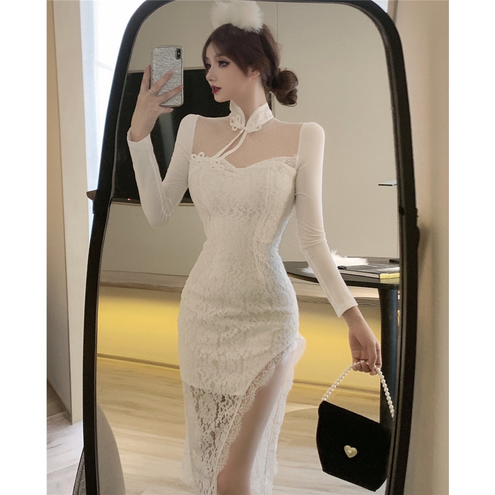 Đầm Sườn Xám Dáng Ôm Phối Ren Thời Trang Thu Đông 2022 Cho Nữ