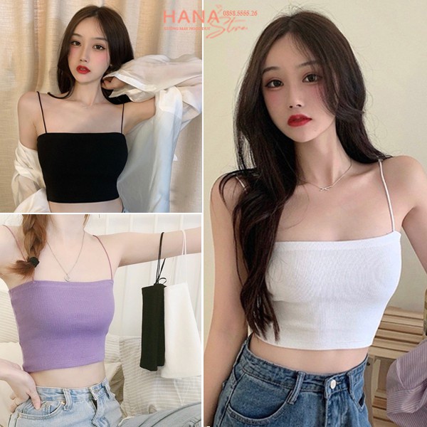 Áo 2 dây sợi bún đen trắng thun gân dáng áo crotop hai dây ôm body vải cotton co giãn mịn nữ mặc trong đi biển ở nhà ngủ