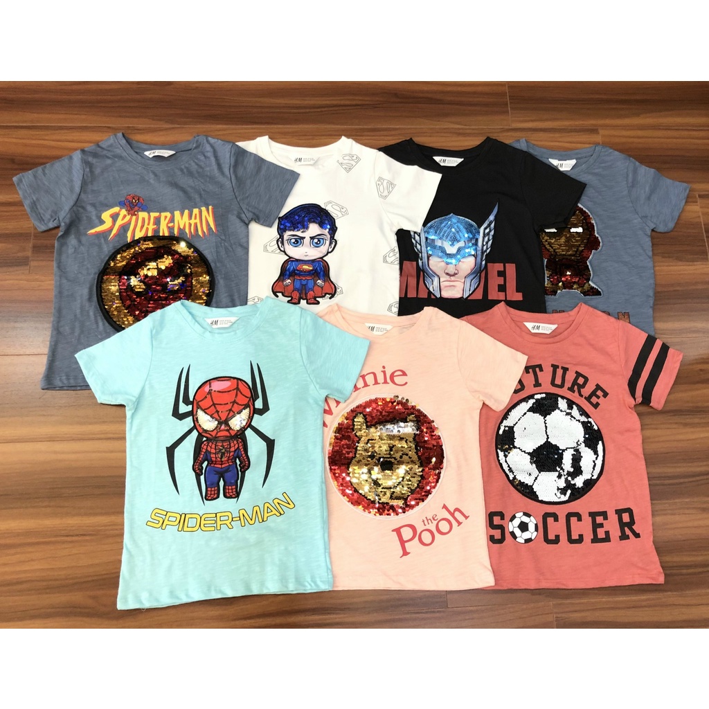 Áo thun cộc tay bé trai H.M' 100% cotton mềm mát đính kim sa vuốt lật hình Spiderman, Iron Man, Superman cực chất