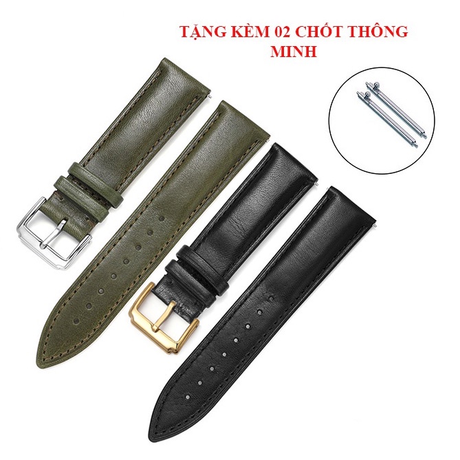 Đen/Xanh Lá[TẶNG CHỐT THÔNG MINH] Dây đồng hồ da bò 2 mặt lớp da bò đầu tiên chống thấm nước BO-25 size 18 19 20 21 22mm