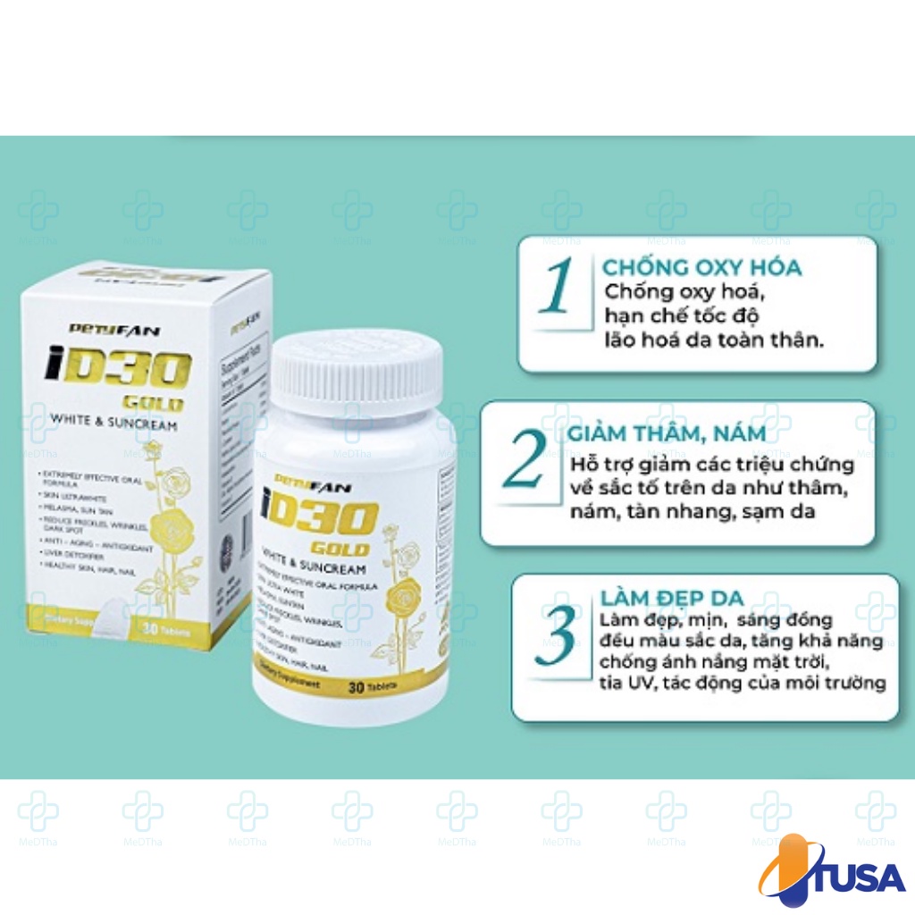 Viên uống trắng sáng da PETYFAN ID30 Gold White &amp; Suncream - Glutathione, Đẹp Da, Trắng Da (Lọ 30 Viên) [Chính Hãng]