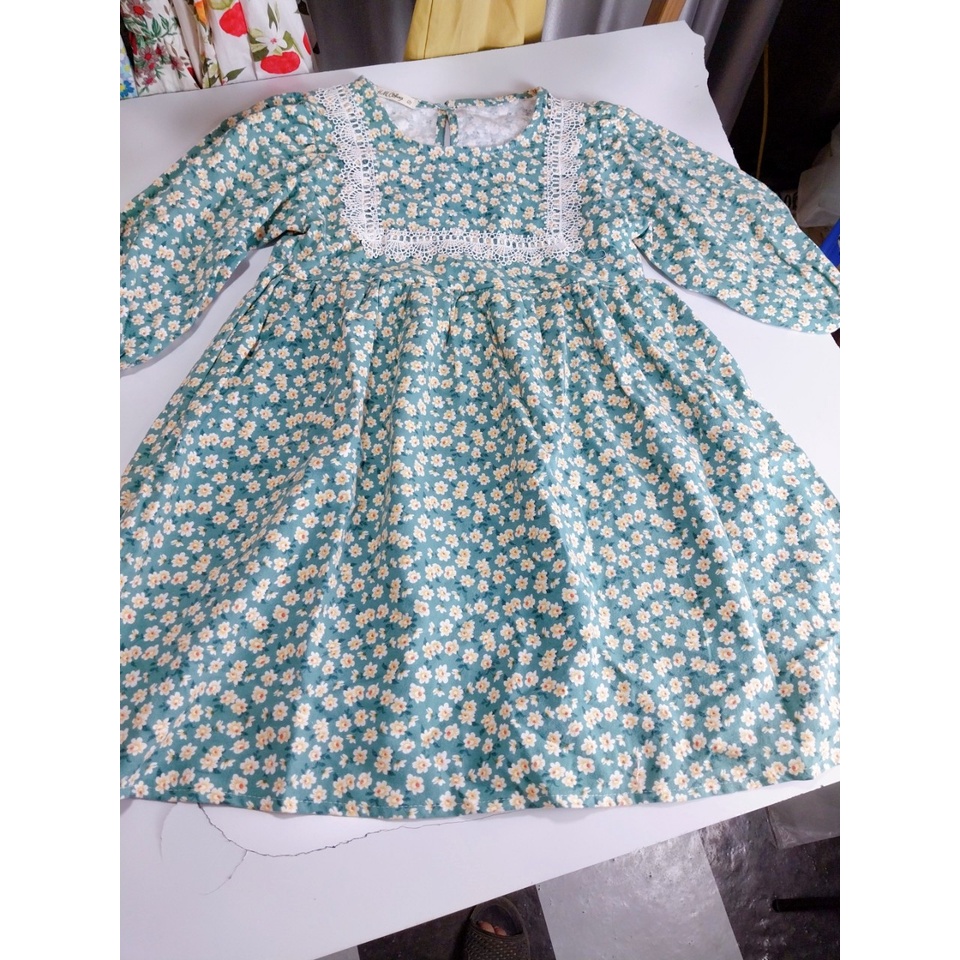 Đầm Thu Đông Cho Bé Gái Hml (10-40KG)  Hoa Nhí Ren Vuông, Váy Trẻ Em Thu Đông 1,2,3,4,5,6,7,8,9,10 Tuổi Size Đại Mã A40