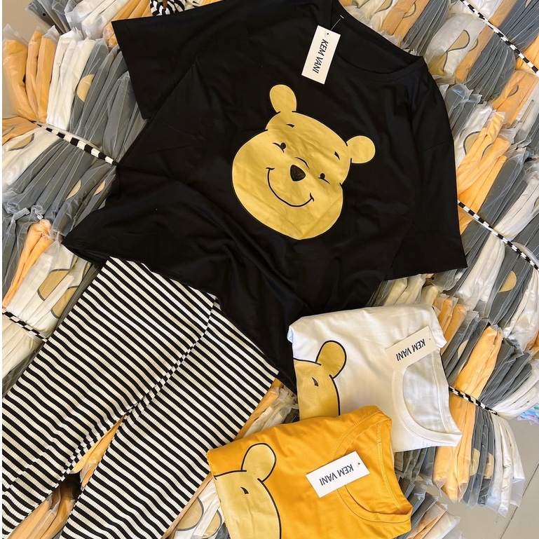 Đồ bộ nữ, set đồ bộ quần legging thun gân borip và áo thun cotton ngắn tay form rộng in gấu, đồ bộ mặc ở nhà