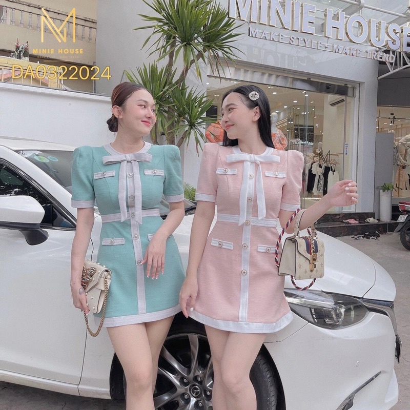 Đầm form A viền trắng túi nắp cổ nơ  đi tiệc sang trọng chất xượt dày tay ngắn
