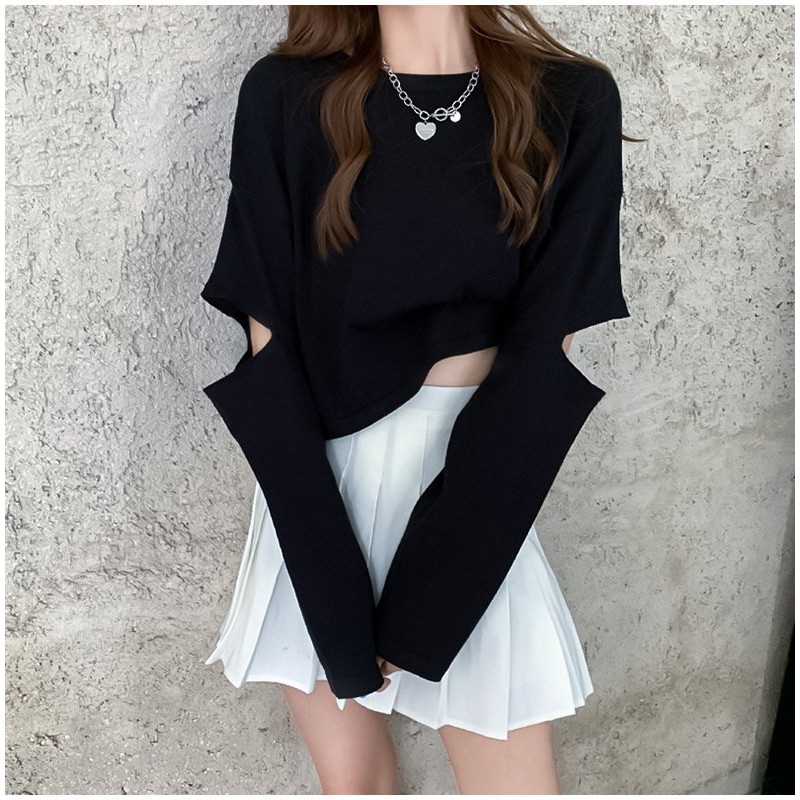 Áo thun croptop rách tay form rộng màu trơn cá tính trẻ trung cho nữ AE11