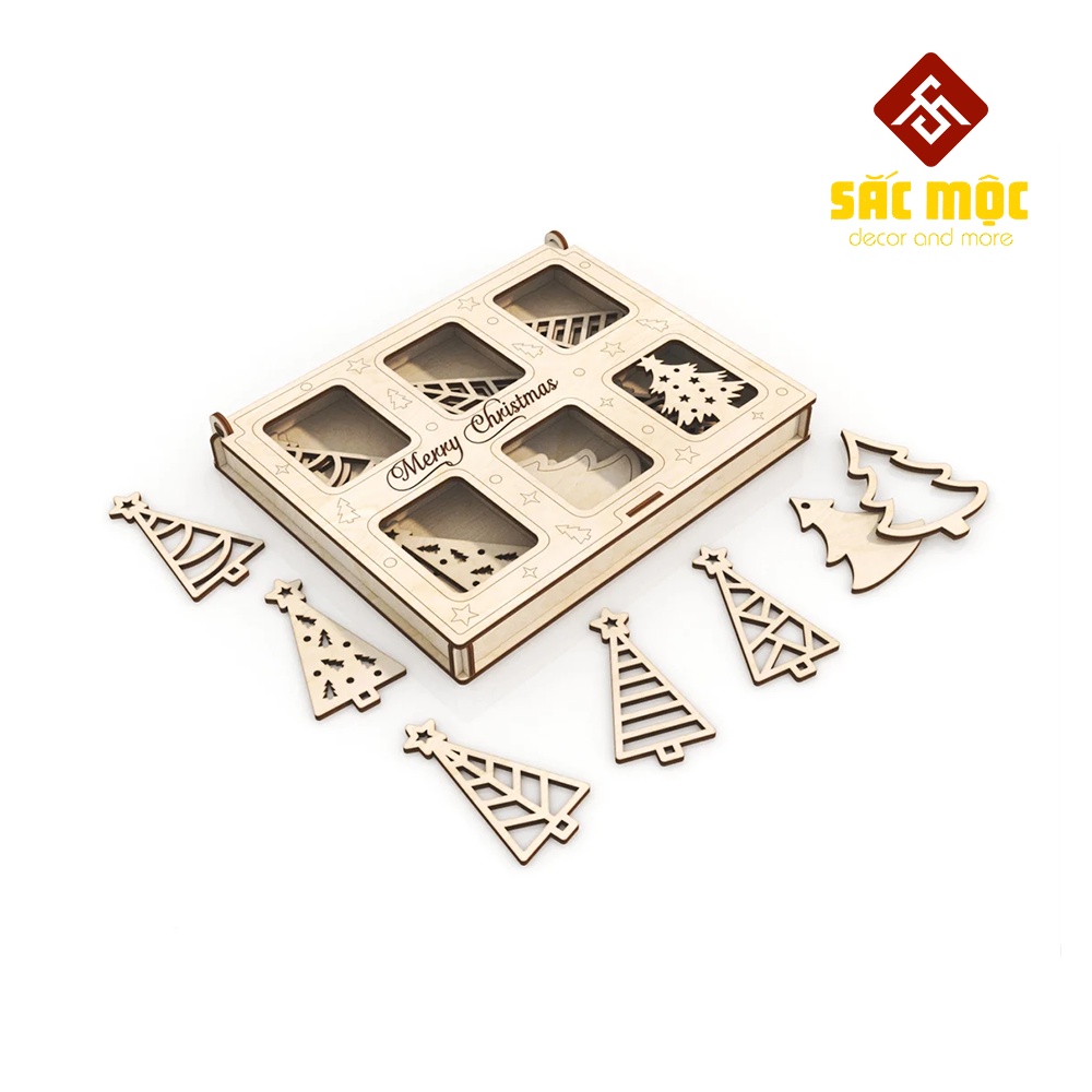 Bộ 7 Phụ Kiện Treo Trang Trí Tô Màu Giáng Sinh Hình Cây Thông Bằng Gỗ | Gỗ Tô Màu