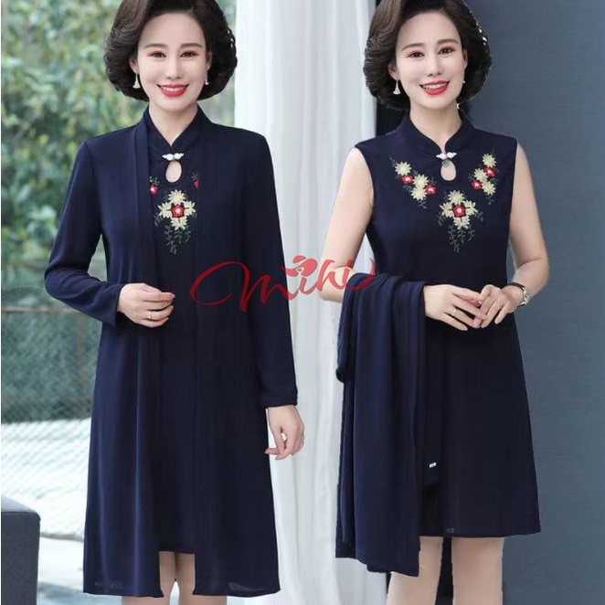 Váy trung niên nữ sang trọng thu đông V66 cổ tàu &amp; áo choàng 3 màu - Đầm dự tiệc thời trang cho mẹ trung tuổi cao cấp