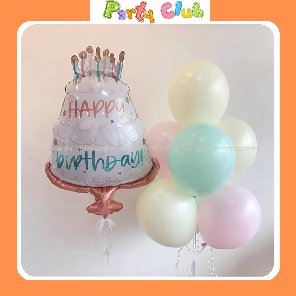 Bóng bánh kem Happy Birth Day màu trắng vintage trang trí sinh nhật