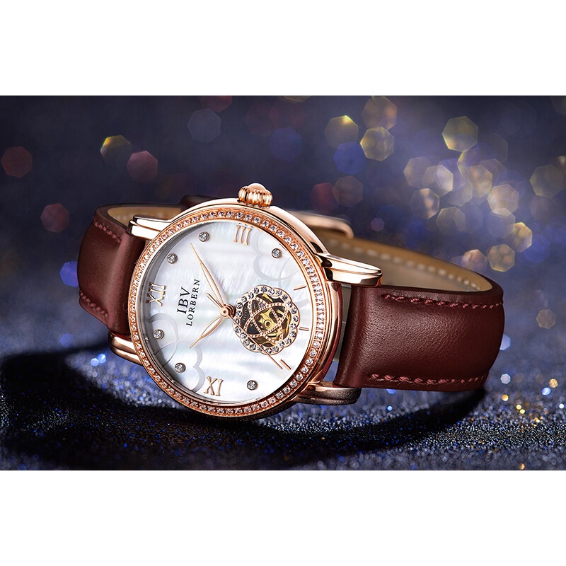 Đồng hồ nữ chính hãng LORBERN IBV6806-5 Kính sapphire ,chống xước,Chống nước ,BH 24 tháng,Máy cơ (Automatic) ,dây da nâu