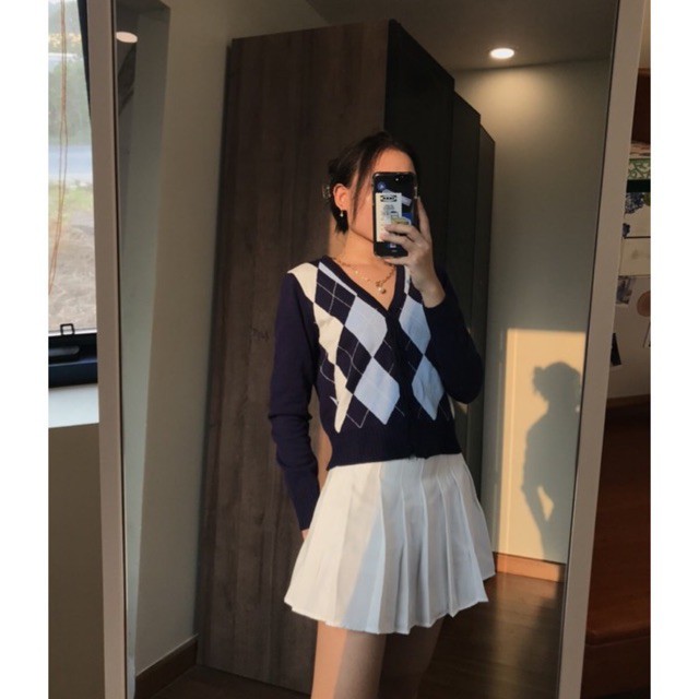 Cardigan kẻ caro xanh