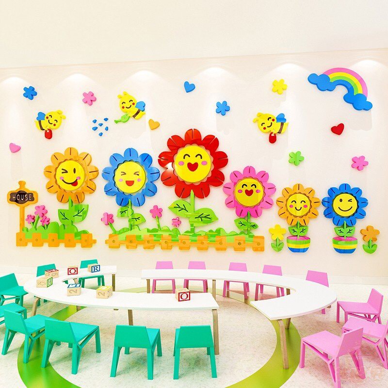 Tranh dán tường mica - vườn hoa trang trí trường mầm non, góc học tập, khu vui chơi cho bé