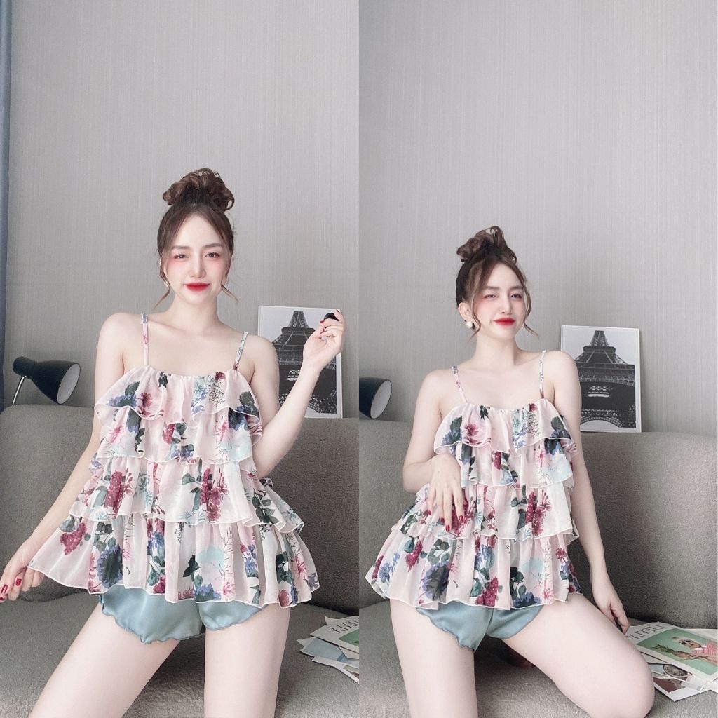 Bộ đồ ngủ nữ sexy 2 dây TUTA bộ ngủ lụa satin phối chiffon cao cấp - MK02