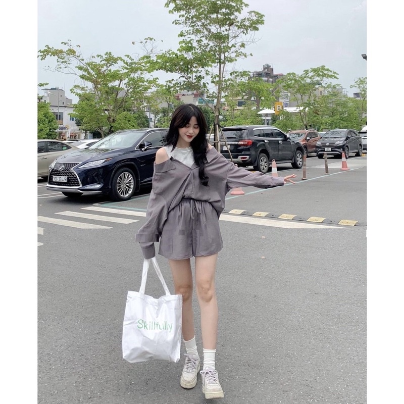 Set 3 Món Mix Ba Lỗ Kẻ Ngang L.Y Unisex 🌸 Bộ đồ quần sooc ống rộng kèm áo sơ mi dài tay bồng bánh bèo đẹp 🌸
