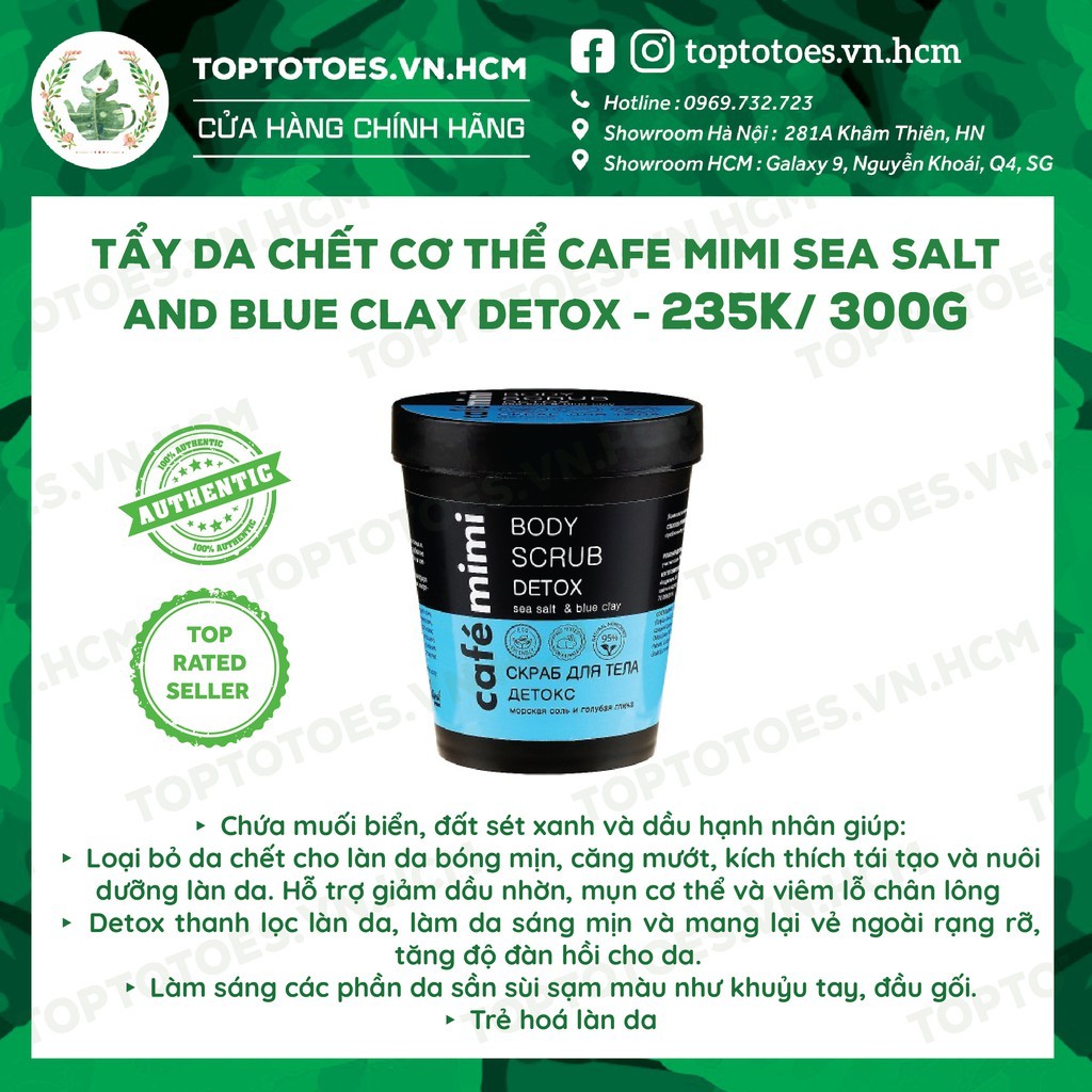 Tẩy da chết cơ thể Cafe Mimi Sea Salt And Blue Clay Detox Body Scrub cho da bóng mịn, căng mướt