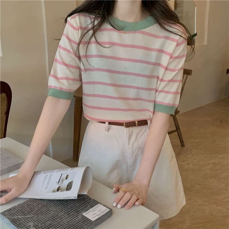 Áo Dệt Kim Họa Tiết Kẻ Sọc Màu Sắc Phong Cách Hàn Quốc Thời Trang 52660