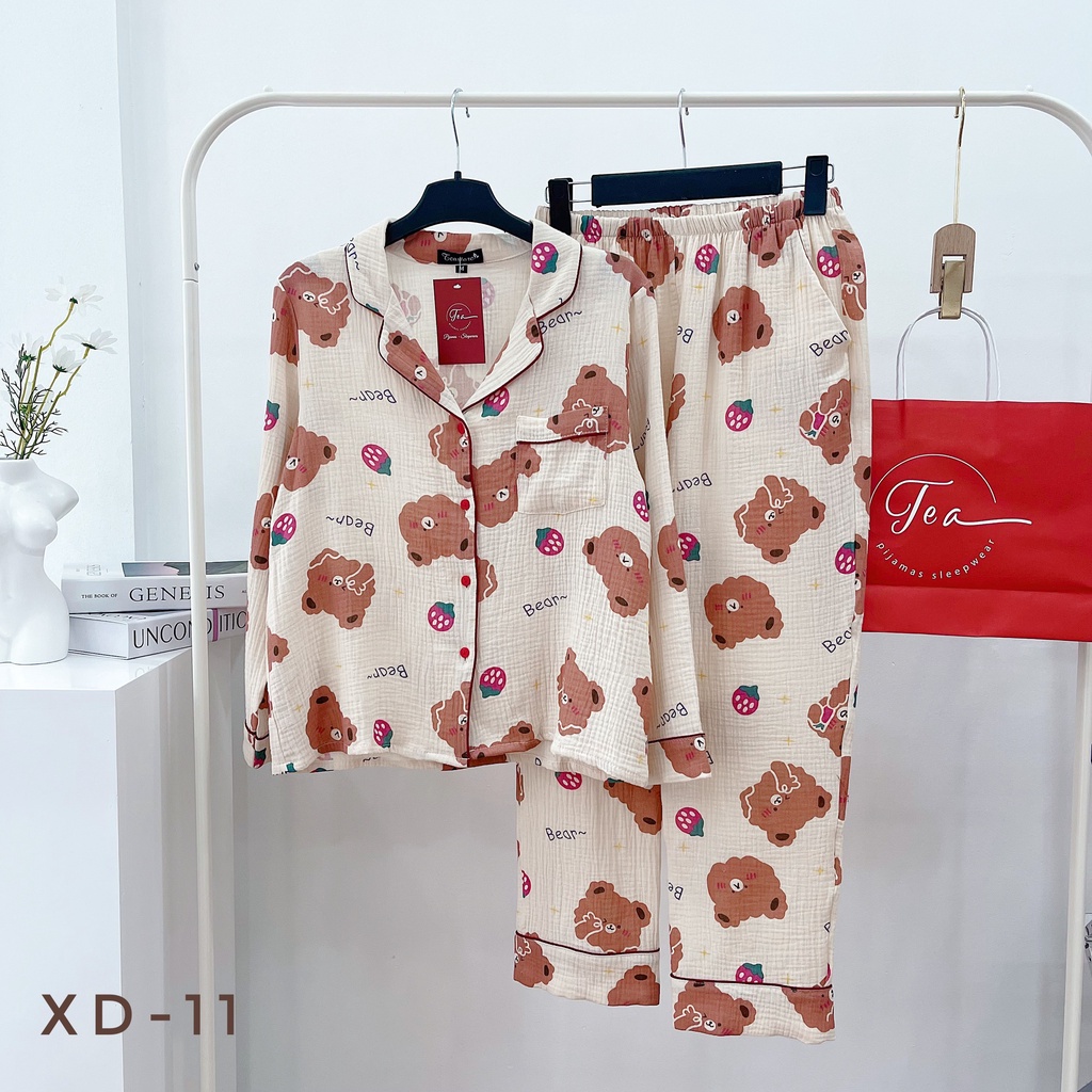 Bộ Mặc Nhà Pyjama Chất Xô Muslin Tea Store Áo Dài Quần Dài Họa Tiết Dễ Thương | BigBuy360 - bigbuy360.vn