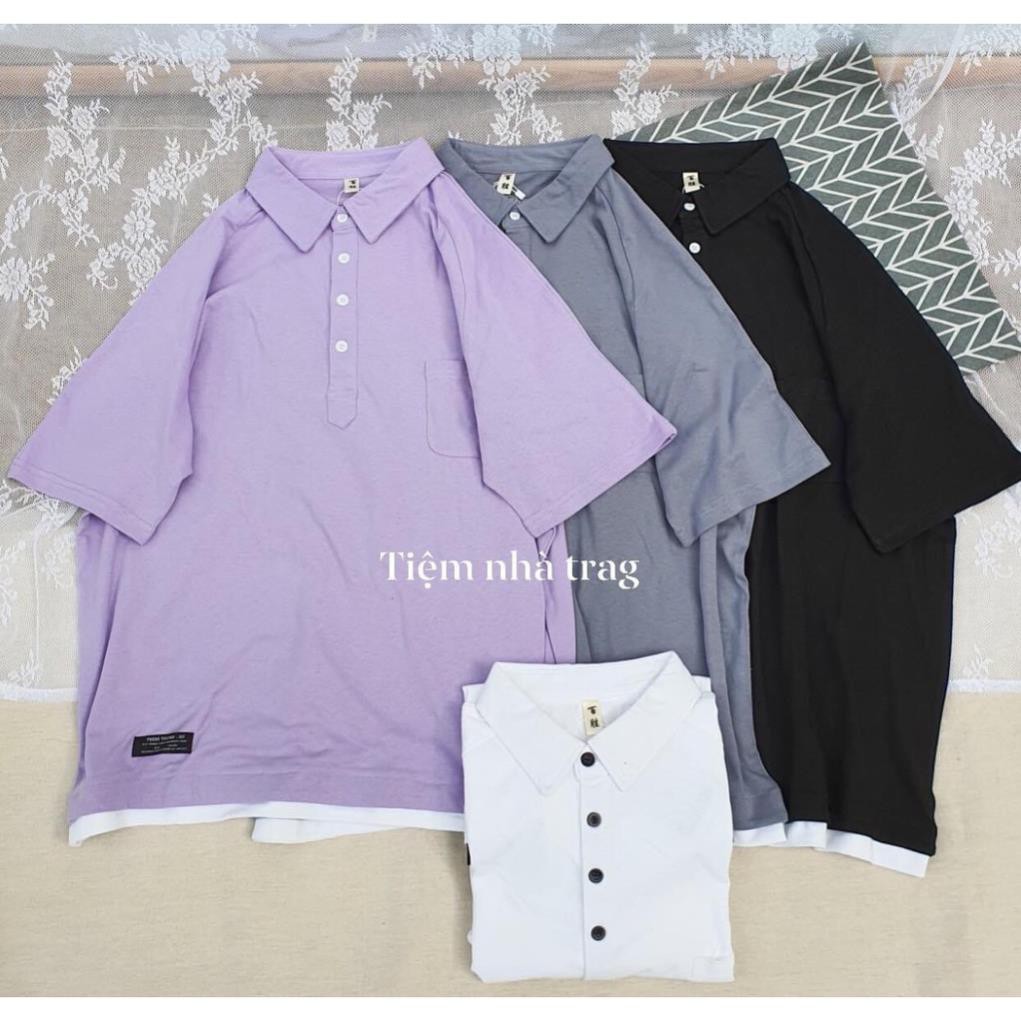 [XẢ KHO] Áo Thun Tay Lỡ - Áo Polo Trơn Mix Vạt Trắng ( Kèm Ảnh Thật)