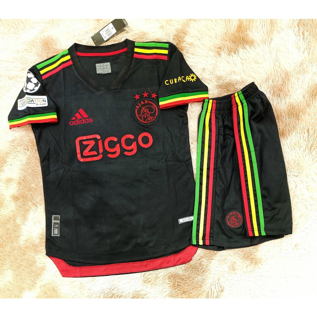 Bộ quần áo đá bóng clb bóng đá Ajax zggo Hà Lan màu đen hoạ tiết xanh đỏ logo thêu poly mè gái thái cao cấp