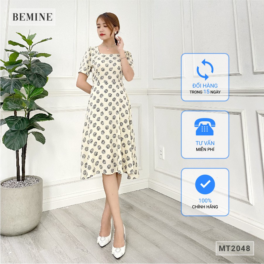 Đầm xòe nữ họa tiết chấm bi cổ vuông BEMINE MT2048TRANG - SIÊU HOT