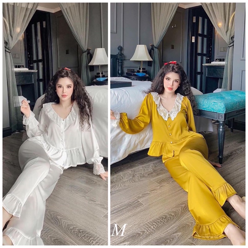 BỘ NGỦ DÀI TAY TIỂU THƯ BÁNH BÈO  - BỘ MẶC NHÀ QUẢNG CHÂU CAO CẤP - THIẾT KẾ REN SANG CHẢNH CE60