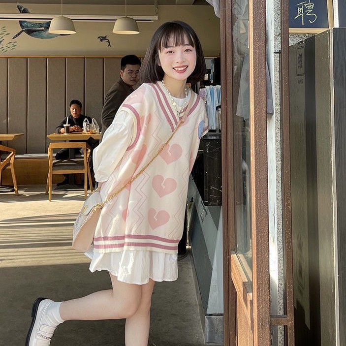 Áo gile len nữ đẹp form rộng cổ V họa tiết trái tim hồng kiểu hàn ulzzang thời trang GALY VN