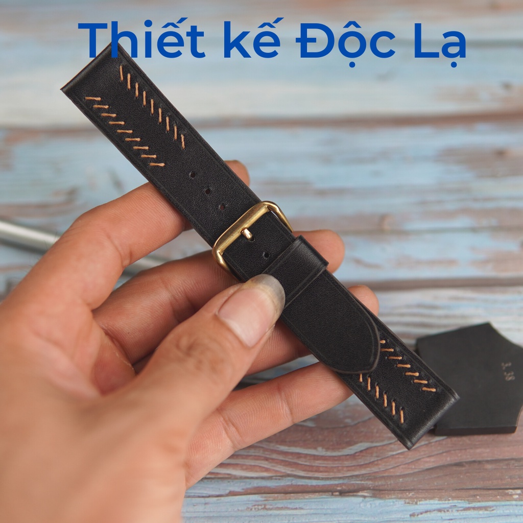 Dây đồng hồ da bò 2 mặt, dây da đồng hồ cao cấp handmade khâu tay thủ công size 18mm, 20mm, 22mm, 24mm