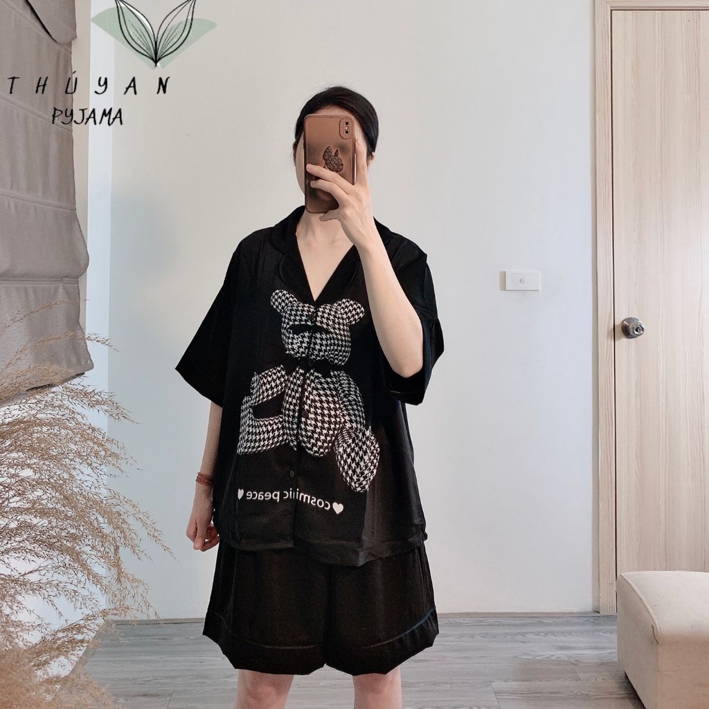 Bộ Pijama nữ bigsize gấu trắng cộc đùi chất lụa Mango ko nhăn dành cho nữ, mẹ bầu 60 - 90kg