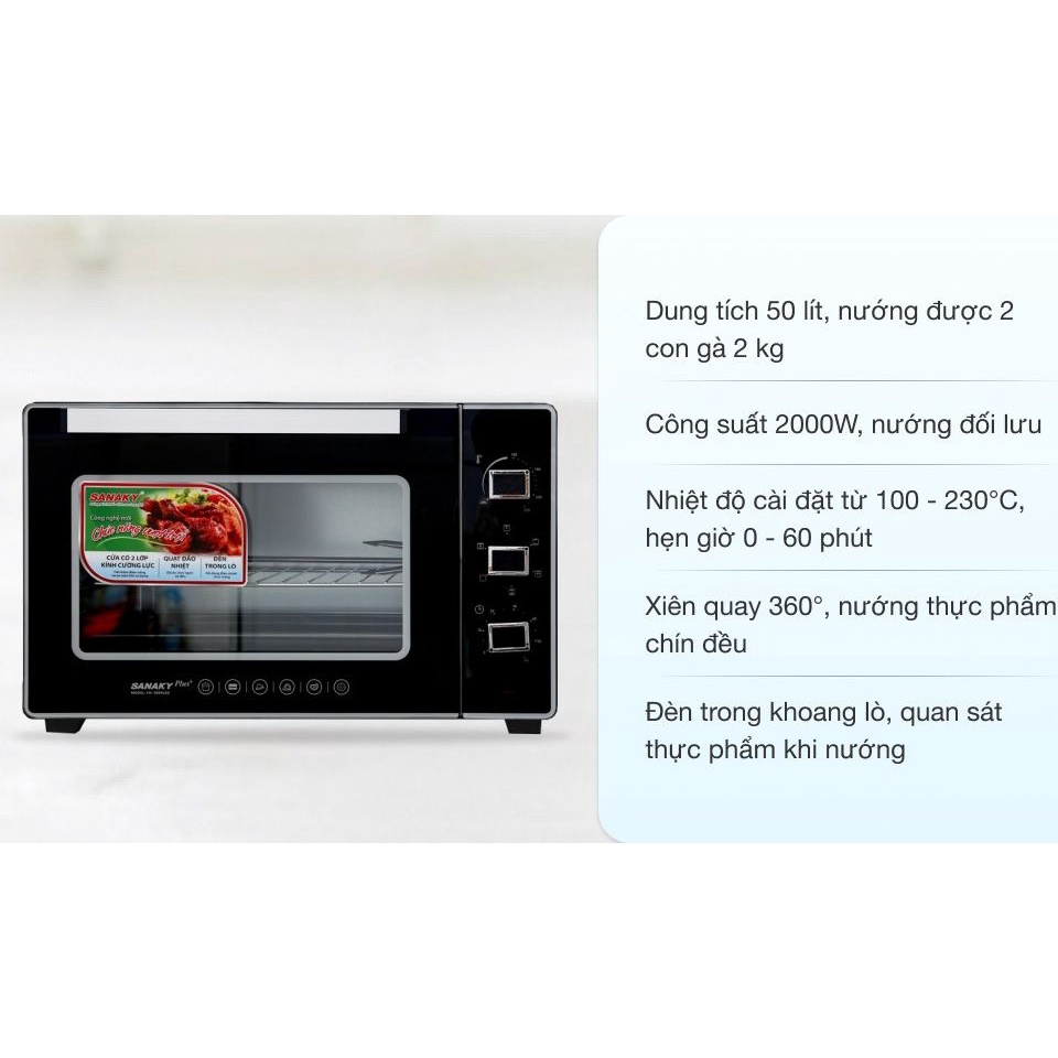 Lò nướng điện đa năng Sanaky VH5099S2D 50 lít- Mới 100%-Chức năng chính Làm giòn bánh Nướng bánh Nướng gà