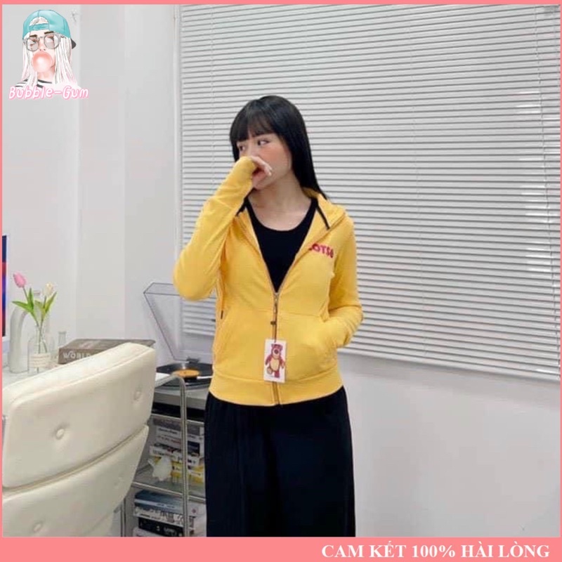 Áo Khoác Nữ Gấu Dâu Chữ Thêu Lưng To Chất Liệu Thun Gân Tay Xỏ Ngón Freesize Dưới 60kg Bubble Gum