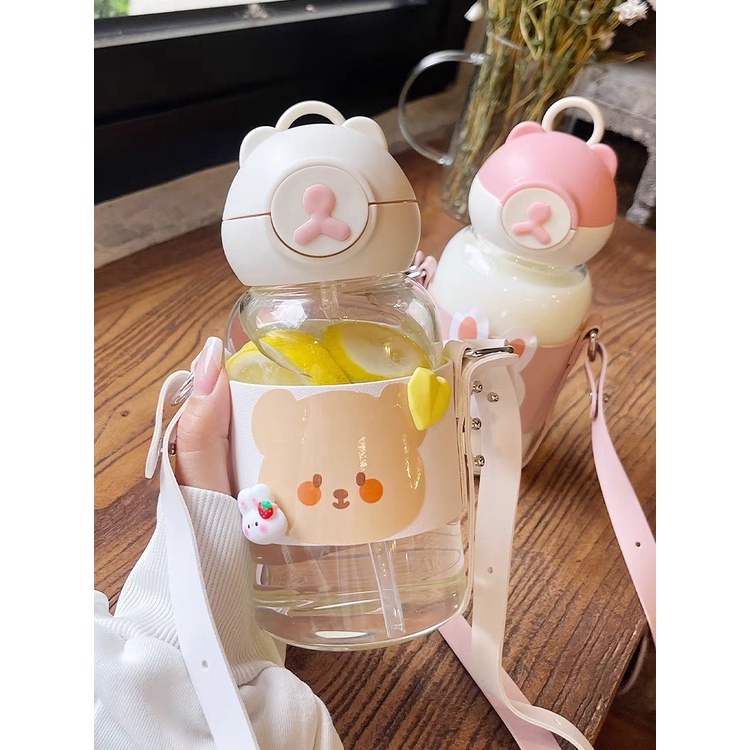 Bình nước gấu nhựa Cute - Tặng kèm ống hút + Túi gấu Da PU + Sticker 2D