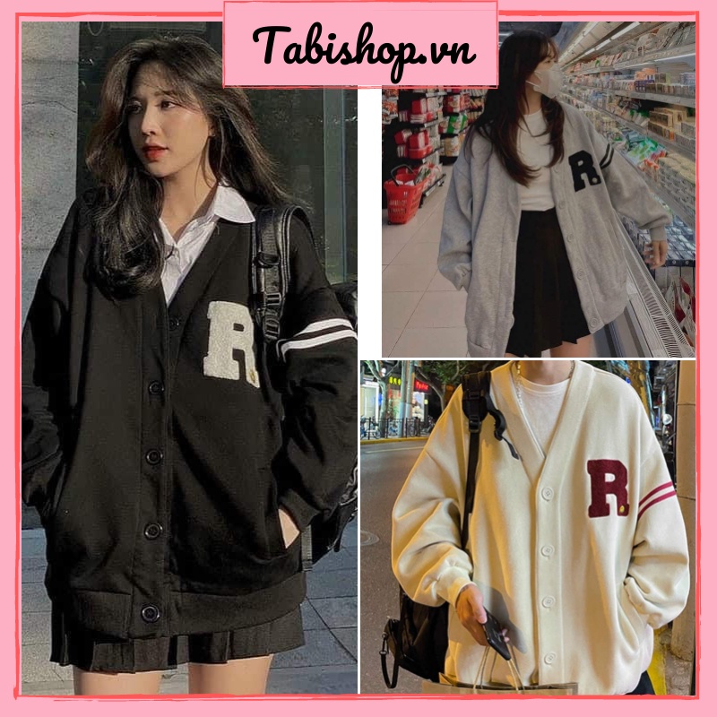 Áo khoác nỉ form rộng thêu chữ R Tabishop Áo cardigan 3 sọc unisex nam nữ mặc được