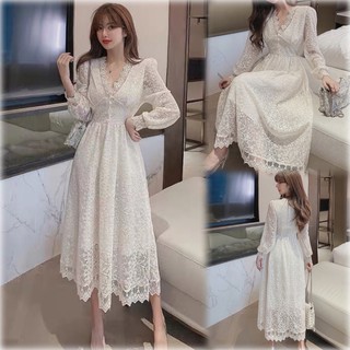 [Sẵn/ hình thật cuối] Váy ren trắng ngà tay bồng cổ V. Đầm công chúa đi tiệc cưới