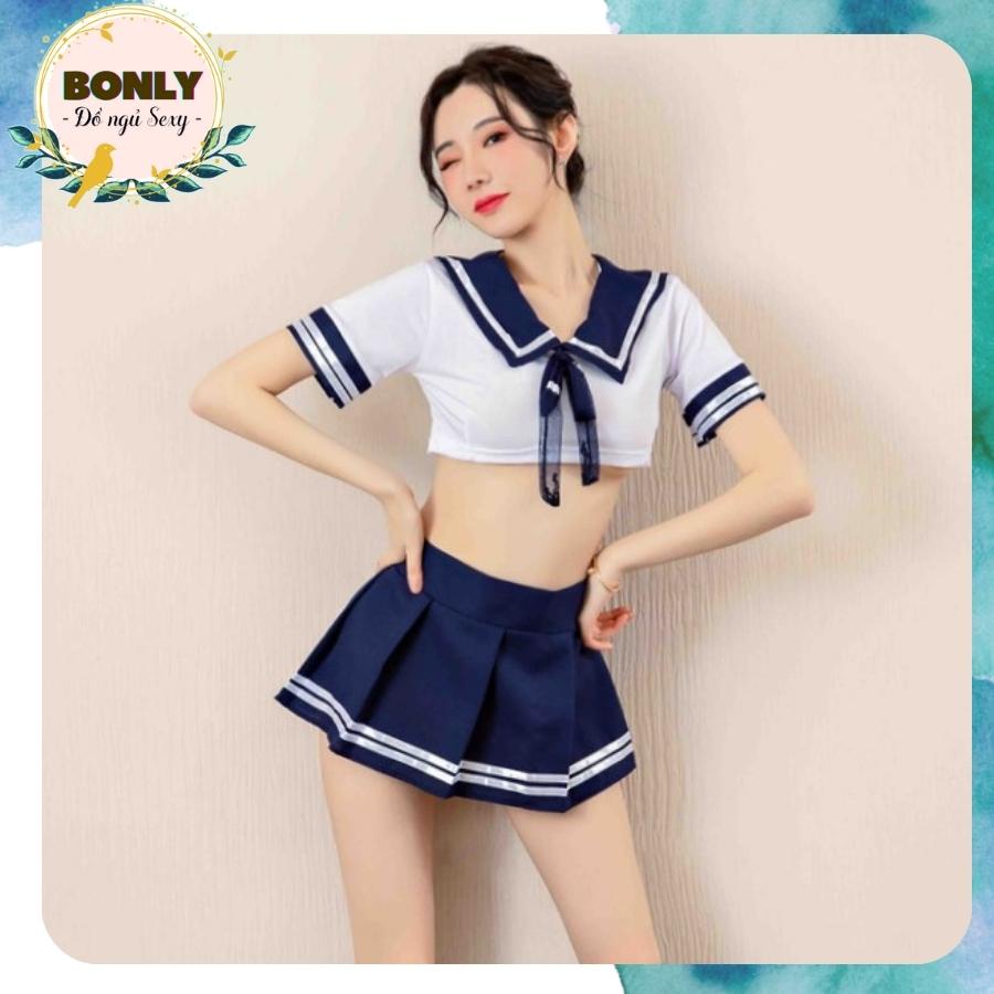 Cosplay sexy nữ sinh nhật bản , đồ ngủ cosplay sexy anime bộ gồm áo croptop và  váy kèm quần lọt khe với màu trắng xanh