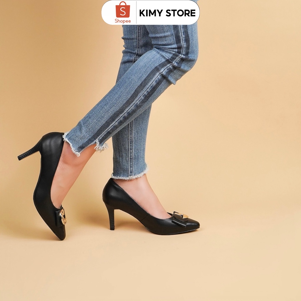 Giày cao gót nữ VNXK 7cm mũi nhọn nơ, giày công sở nữ da thật SS  - Kimy Store