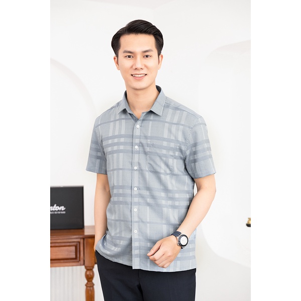 Áo Sơ Mi Nam Công Sở Trung Niên Thương Hiệu Anton Màu Xám Ghi Kẻ Caro Ngắn Tay Họa Tiết Chìm – NT202