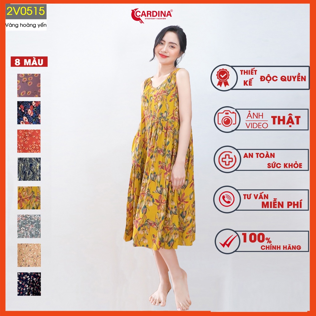 Đầm nữ CARDINA sát nách chất lanh tre cao cấp kiểu dáng baby doll lệch tầng họa tiết hoa 2V05