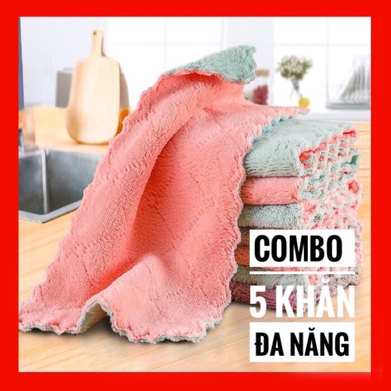 Combo 5 khăn lau bếp đa năng 2 mặt siêu thấm - khăn lau đa năng siêu thấm