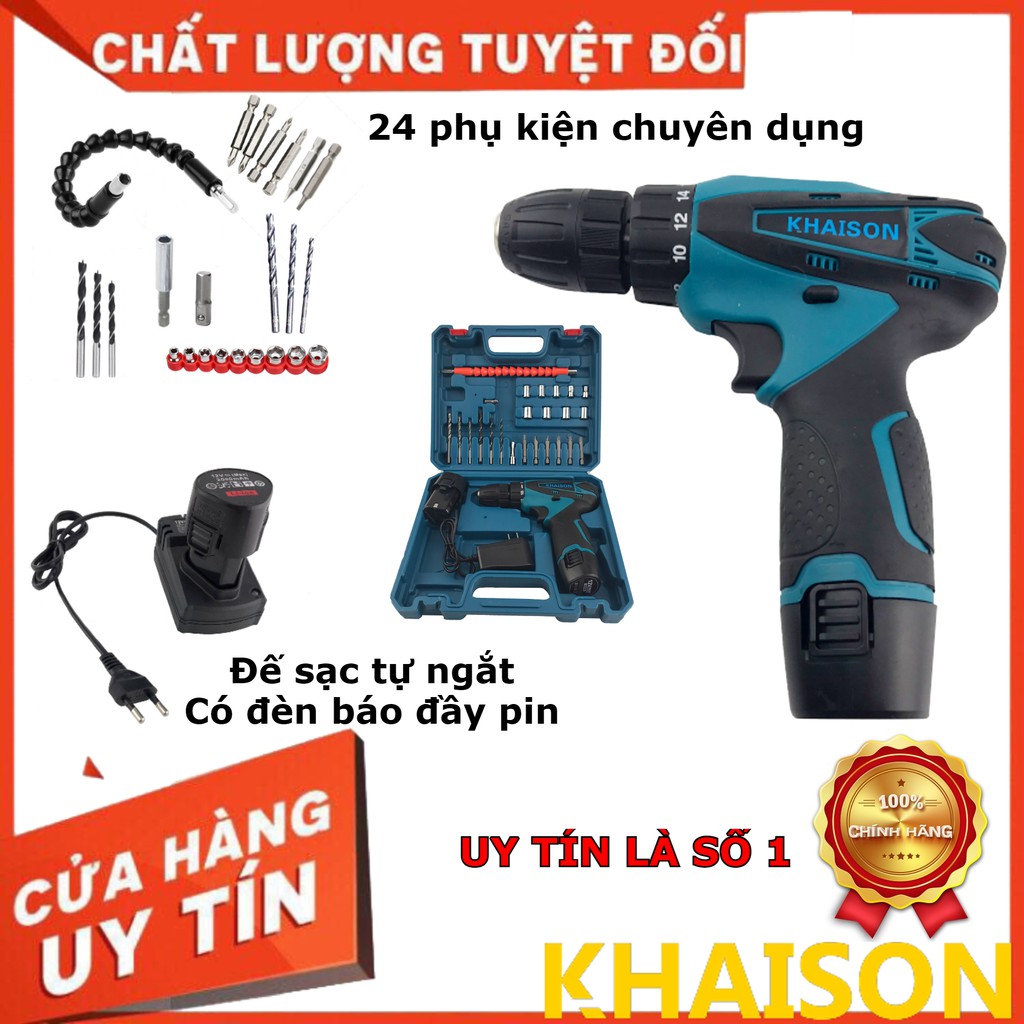 Máy khoan pin bắt vít 12v tặng kèm 24 món phụ kiện Khaison (dock sạc)