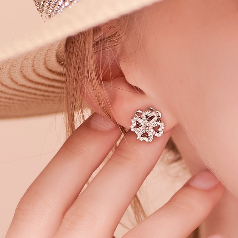 Khuyên tai RINHOO bạc 925 hình cỏ bốn lá thời trang cao cấp