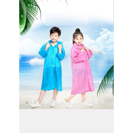 Áo Mưa Trẻ Em, Áo Mưa Trong Suốt Có Mũ Trùm Đầu Phối Nút Và Dây Rút Chống Nước Màu Trơn Cho Bé